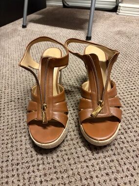 Michael Kors Tan Leather Espadrille Wedge Sandals with Front Zip Detail